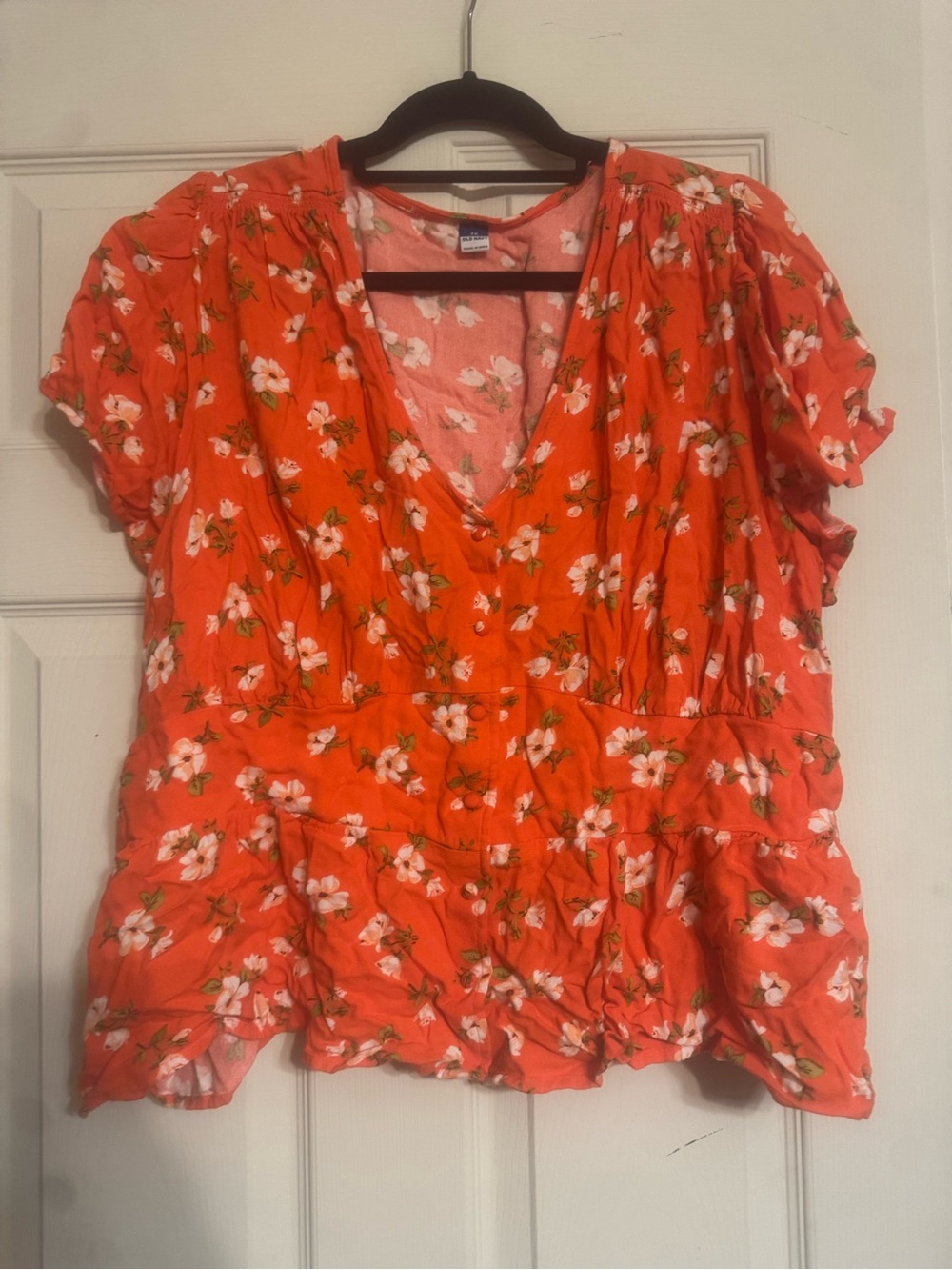Old Navy Orange Floral V-Neck Puff Sleeve Peplum Blouse